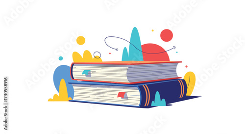 A stack of books with colorful abstract shapes floating around.