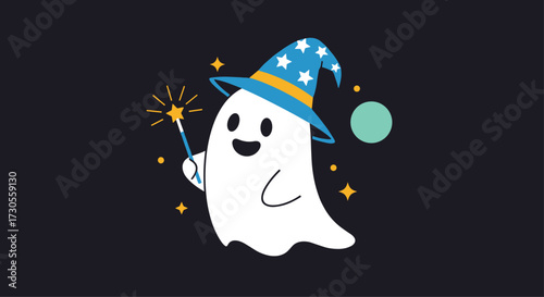 A cute ghost wearing a wizard hat casting a spell with its wand.