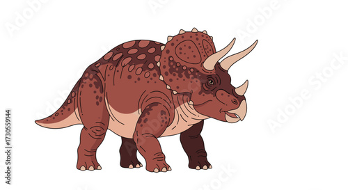 This is a brown triceratops dinosaur standing on a white background.