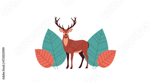 A majestic deer stands proudly among lush green leaves and orange patterned flora.