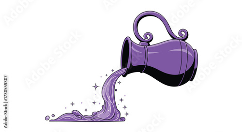 A purple pitcher pouring liquid with sparkles onto a surface.