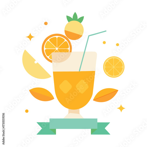Refreshing orange juice in a tall glass with fruit slices and garnish