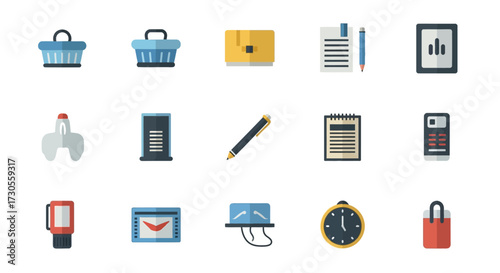 A colorful collection of fifteen flat design business and office icons, including a shopping basket, server, clock, and padlock.