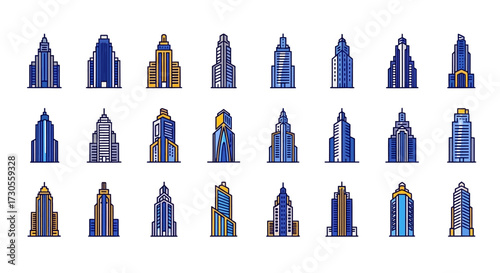 A collection of twenty-four pixel art skyscraper icons with diverse architectural designs in blue, purple, and gold.
