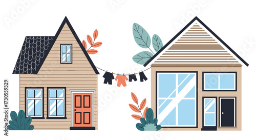 Two cartoon houses with laundry hanging between them.
