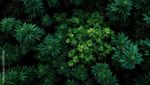 High-angle view of a dense array of lush green plants, showcasing intricate leaf patterns and vibrant foliage, with subtle variations in shade and depth.