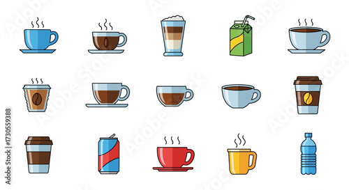 A colorful vector icon set of assorted hot and cold beverages, including coffee, tea, soda, and water.