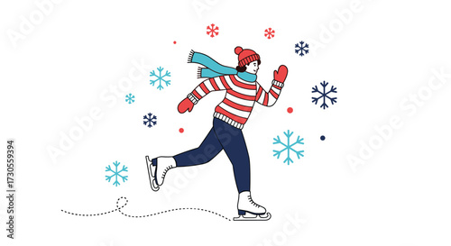 A person ice skating outdoors in the winter with snowflakes falling.