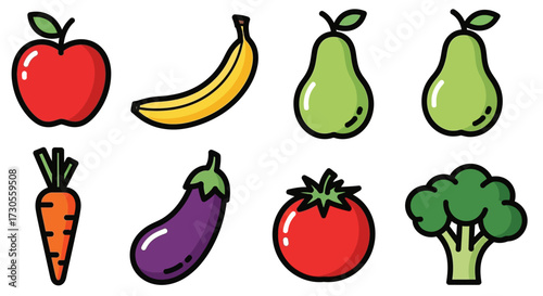 Assortment of Colorful Cartoon Fruits and Vegetables with Outlines.