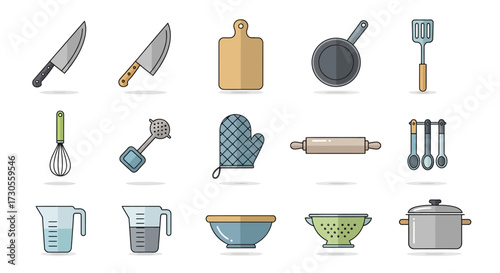 Assortment of Colorful Kitchen Utensils and Cookware Collection.