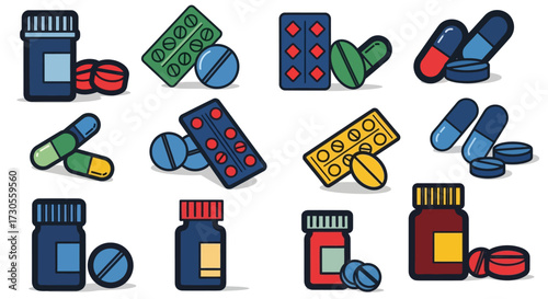 Assortment of colorful pharmaceutical pills, capsules, and medicine bottles in various shapes and sizes.