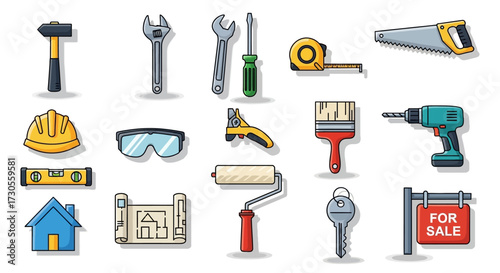 Assortment of Illustrated Construction and DIY Tools and Equipment.