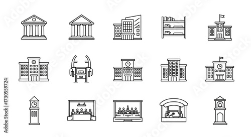 Collection of Architectural Line Art Icons - Buildings, Structures, and Landmarks in Vector Style.