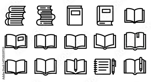 Collection of Black and White Book Icons in Various Poses and Styles.