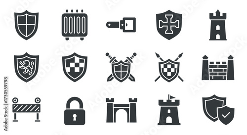 Collection of Black Silhouette Security and Medieval Protection Icons.