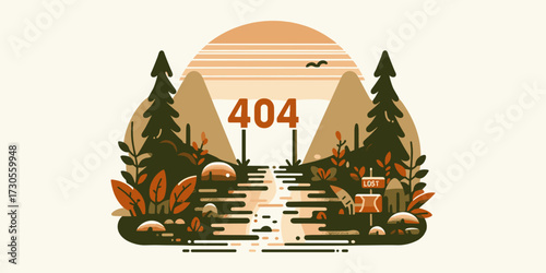 404 Error Page Illustration with Nature Scene Trees, River, and Sunset