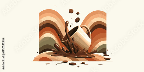A vibrant and dynamic conceptual illustration of a spilling coffee cup creating a messy splash, set against a stylish 70s-inspired striped pattern
