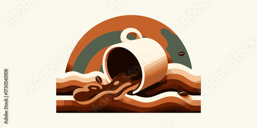 A spilled cup of hot coffee creating waves of dark liquid with coffee beans scattered around