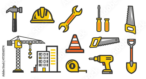 Collection of Construction Tools and Building Elements for Industry.