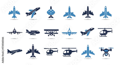 Collection of Diverse Aircraft Silhouettes, Including Jets, Helicopters, and Drones.