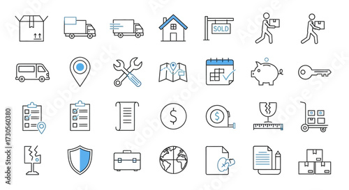 Collection of Diverse Line Art Icons Representing Moving and Logistics Services.