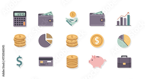 Collection of Financial Icons - Wallets, Coins, Charts, Calculator, and Piggy Bank.