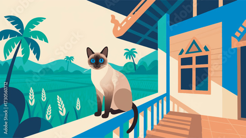 Illustration Of A Blue Eyed Siamese Cat Sitting On The Terrace Of A Traditional House With A Tropical Rice Field In The Background Vector Design Template