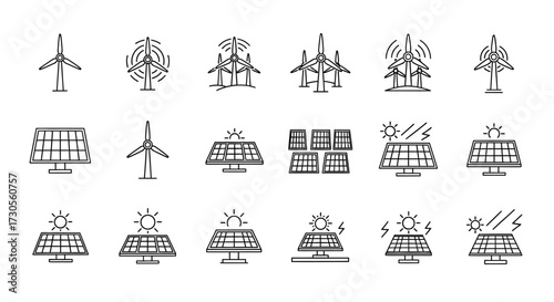 Collection of Hand-Drawn Icons Representing Renewable Energy Sources.
