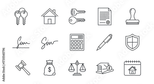 Collection of Hand-Drawn Real Estate and Legal Icons.