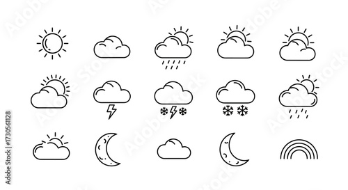 Collection of Simple Black and White Weather Icons Depicting Various Conditions.