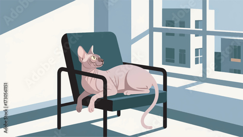 Illustration Of A Sphynx Cat Sunbathing On A Chair Near A Modern Apartment Window Vector Design Template