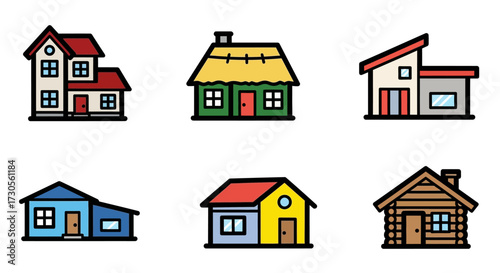 Collection of Six Cartoon Houses with Varied Architectural Styles and Colors.