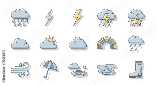 Collection of Weather Icons Depicting Rain, Clouds, Lightning, and Rainbows.