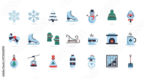 Collection of Winter Holiday and Activity Themed Flat Icons.