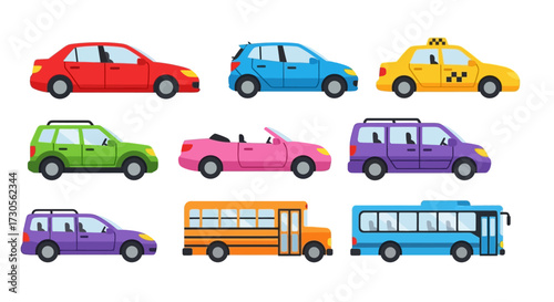 Colorful cartoon vehicles collection - sedan, taxi, SUV, convertible, buses, and more, in a flat vector style.