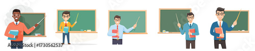 A collection of five diverse teachers standing in front of green chalkboards, each holding a book and a pointer stick.