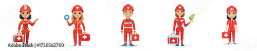 A collection of five diverse cartoon characters, each wearing a red uniform and helmet, holding medical supplies and tools, representing healthcare and emergency services.