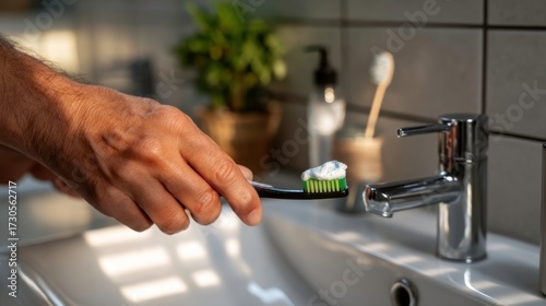 Daily morning routine action brushing teeth in bathroom hygiene practice clean environment close-up view healthy habits
