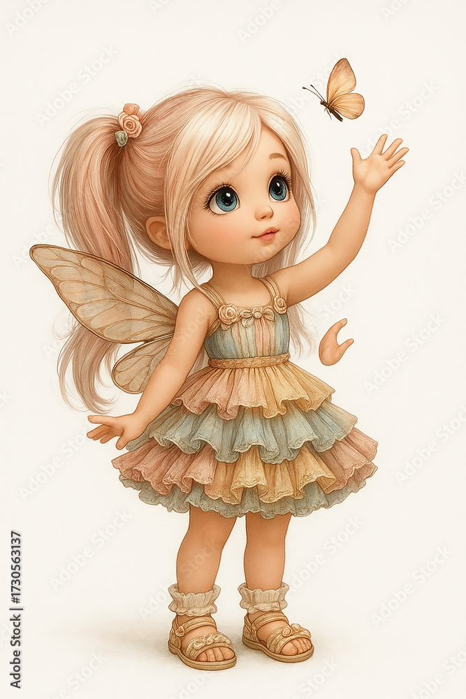 Fototapeta premium A drawn little fairy girl catching a butterfly