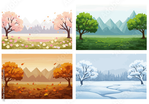 4 seasons 2 trees each Top Spring Summer Bottom Autumn Winter Mountains visible behind each season