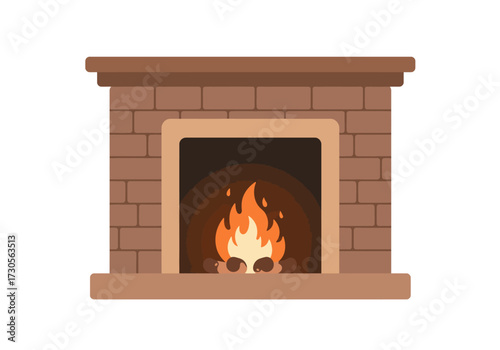 A brick fireplace with a lit fire inside