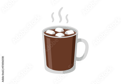 A brown mug filled with hot chocolate topped with marshmallows with steam rising from it