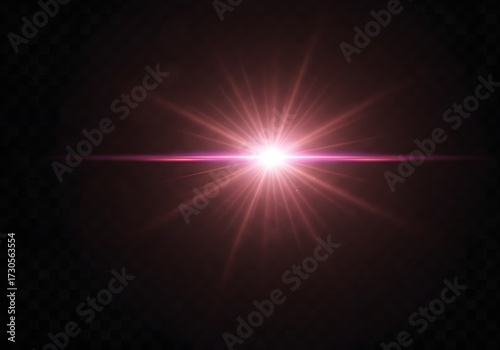 A bright pink starburst light effect with radiating rays and a horizontal lens flare on a dark transparent background.