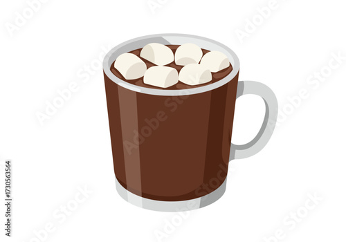 A brown mug is filled with hot chocolate and topped with marshmallows
