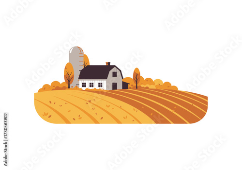 A farm with a silo barn trees and plowed fields