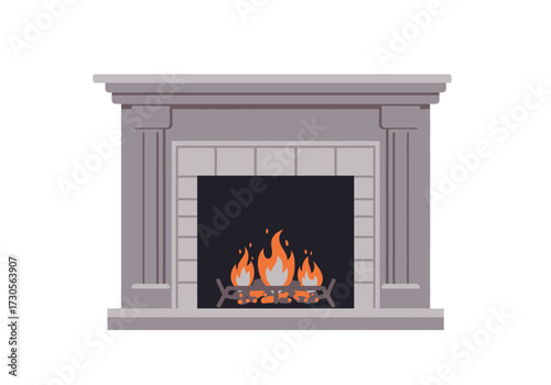 A gray fireplace with burning logs in the center is on a white background