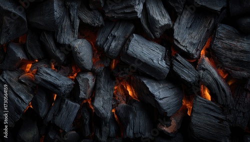 Close-up view of burning charcoal briquettes, showcasing the dark charcoal pieces and the glowing orange flames within.