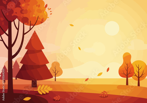 A vibrant autumn landscape with trees shedding leaves under a warm, hazy sun.