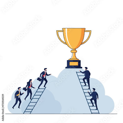 Vibrant 2D flat vector shows business people climbing a metaphorical ladder to a trophy on a cloud, illustrating career progression and achieving success.