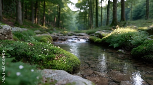Macro Close Up of Forest Stream with Green Moss and Rocks in the Sunlight